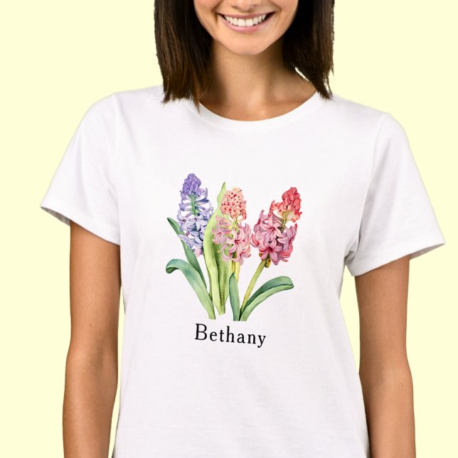 Camiseta Adicionar texto de nome, Flores de Hyacinth, Pinks (Criador carregado)