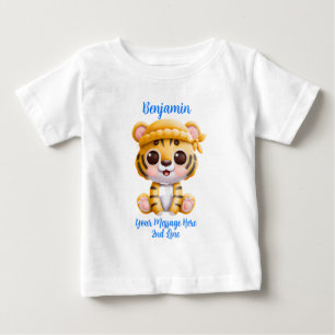 Camiseta Adicionar texto do nome, bebê tigre com chapéu