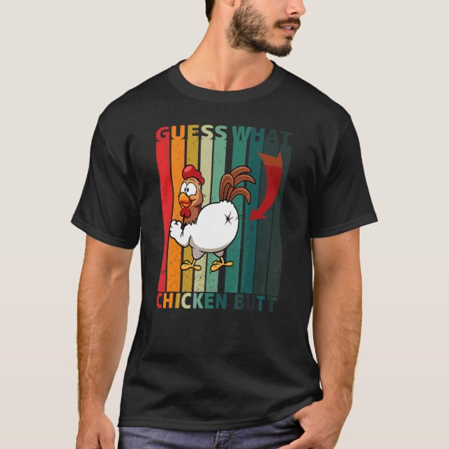 Camiseta Adivinhem qual Piada retrô de Bumbum de frango (Frente)