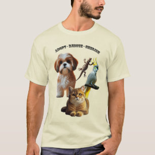 Camiseta Adoção Pet com Cão, Gato, Pássaro e URM Lizard