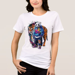 Camiseta ADOM Premium Artístico Panda & Tigre Gráfico Femin