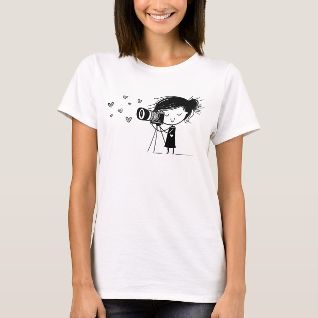 Camiseta Adorable Camera Girl with Hearts Funny Photography (Frente)