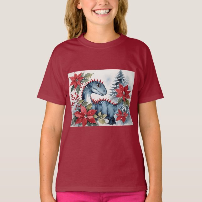 Camiseta Adorable Christmas Baby Dinosaur & Poinsettias (Frente)