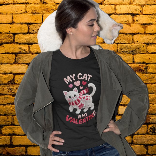 Camiseta Adorable Faux Yarn My Cat Is My Valentine Design (Criador carregado)
