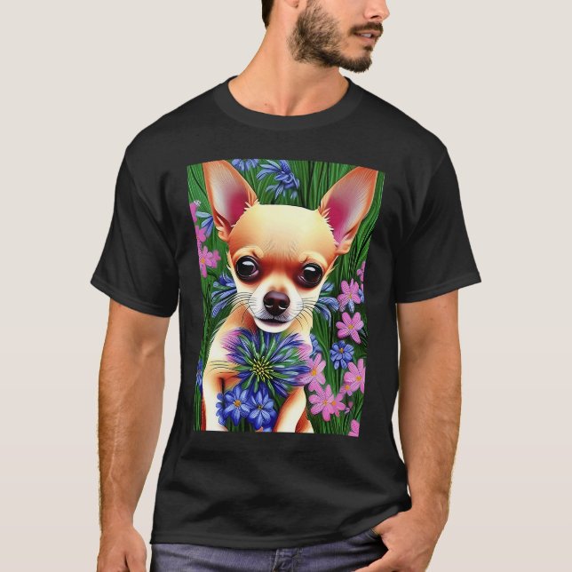 Camiseta Adorable Fawn Chihuahua Playing in Flowers (Frente)