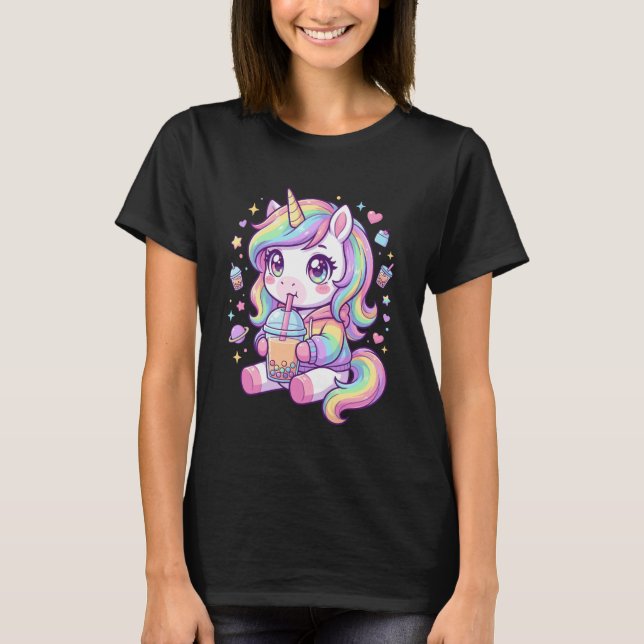 Camiseta Adorable Pastel Unicorn Drinking Boba Art Kawaii P (Frente)