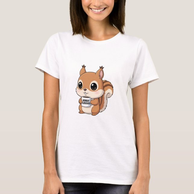 Camiseta Adorable Squirrel Holding “Monday Survivor” Mug (Frente)