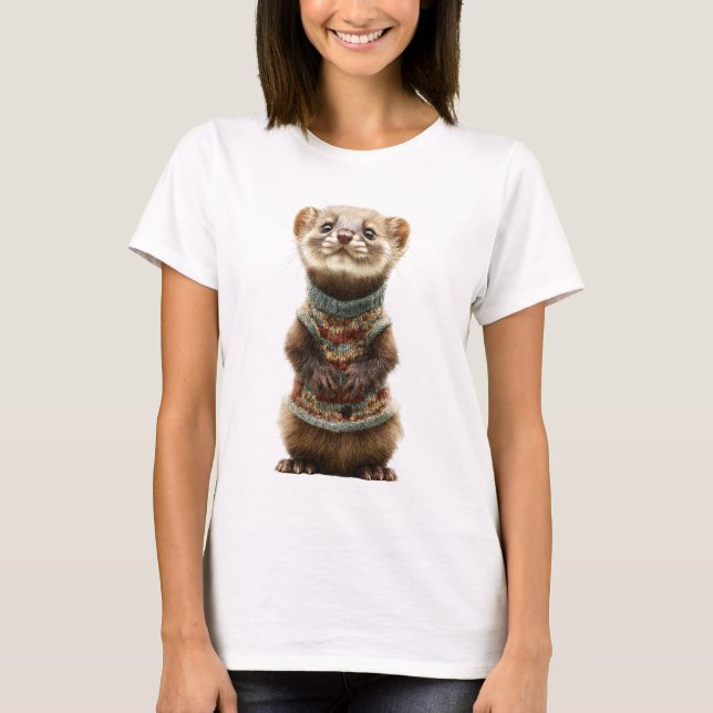 Camiseta Adorable Weasel wearing a Knitted Sweater (Frente)