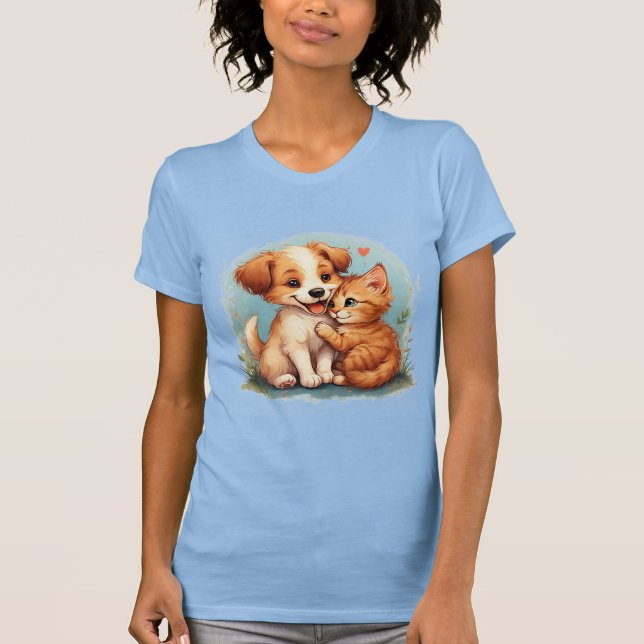 Camiseta Adorável Abraço de Puppy e Kitten (Frente)