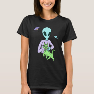 Camiseta Adorável Alien Acariciando Um Gato Para Gato Mãe P