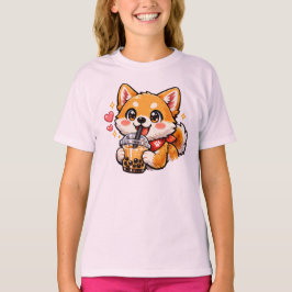 Camiseta Adorável Anime Shiba Inu Bebendo Chá de Bolha Kawa