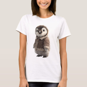 Camiseta Adorável Bebê Pinguim Vestindo um Marrom Tecido Ac