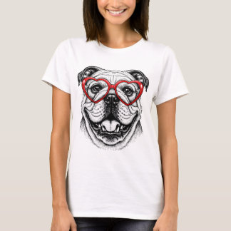 Camiseta Adorável Bulldog de Óculos Vermelhos em Formato de