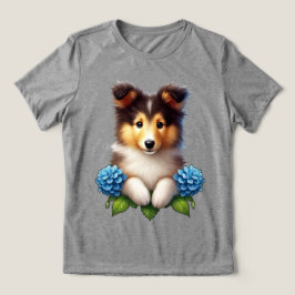 Camiseta Adorável Cachorrinho com Flores Azuis
