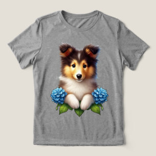 Camiseta Adorável Cachorrinho com Flores Azuis