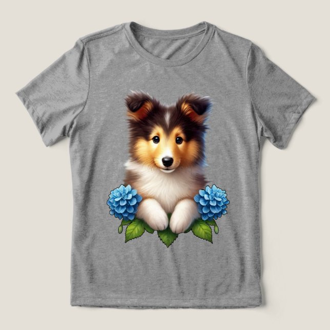 Camiseta Adorável Cachorrinho com Flores Azuis (Design frontal)