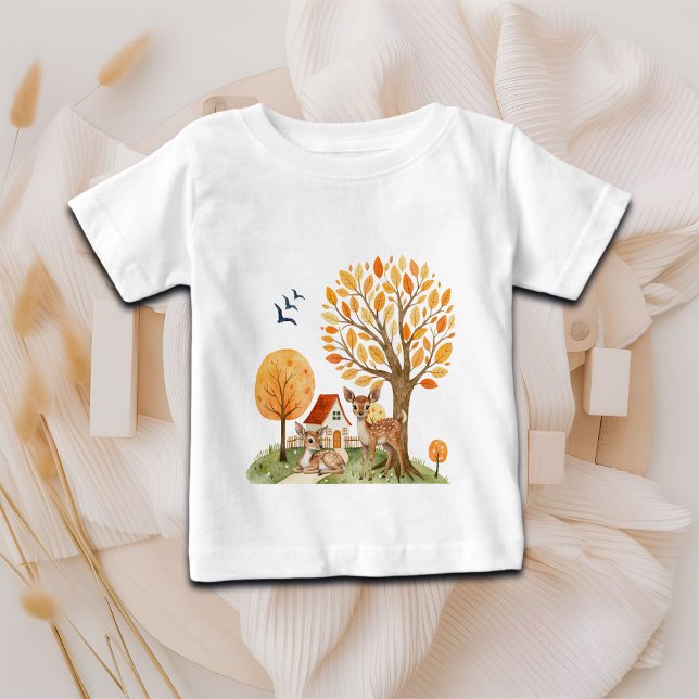 Camiseta Adorável Casa no Campo com Veados da Floresta (Criador carregado)