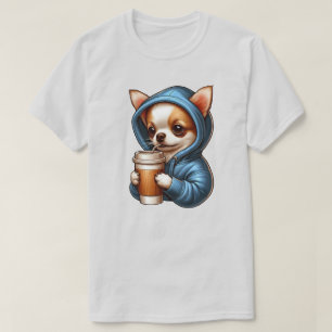 Camiseta Adorável Chihuahua Bebendo Café de Xícara
