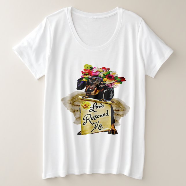 Camiseta Adorável Dachshund Angel Wings Love Me Resgatou (Frente do Design)
