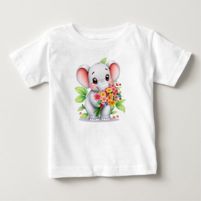 Camiseta Adorável de Elefante com Buquê para Bebês (Frente)