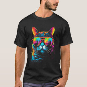 Camiseta Adorável Desenho de Gato com Óculos de Sol Gato Po