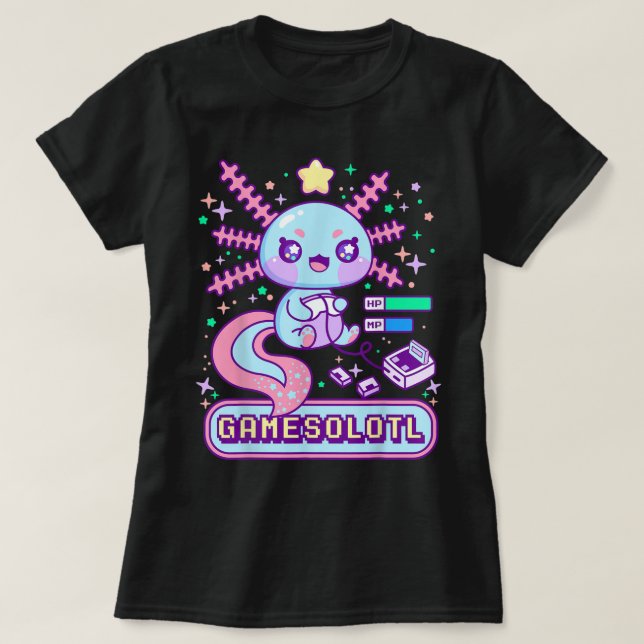 Camiseta Adorável Design Kawaii de Axolote Gamer (Frente do Design)