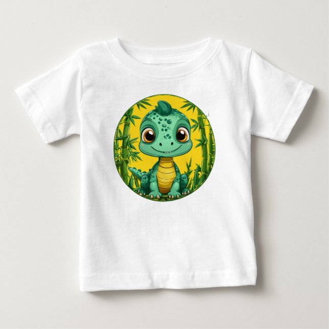Camiseta Adorável Dinossauro Verde de Desenho Animado (Frente)