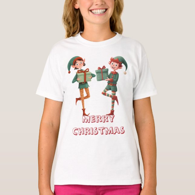 Camiseta Adorável Elfo de Natal com Caixa de Presente (Frente)