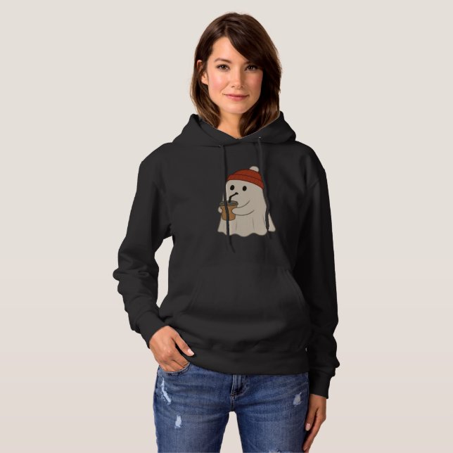 Camiseta Adorável Fantasma Branco de Halloween com Boina Ve (Frente Completa)