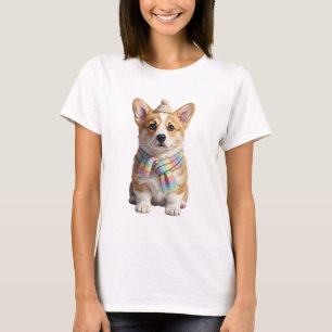 Camiseta Adorável Filhote de Corgi Usando Gorro de Tricô