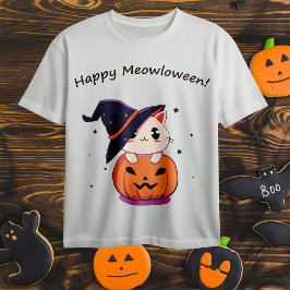 Camiseta Adorável Gata Bruxa Kawaii em Abóbora de Halloween