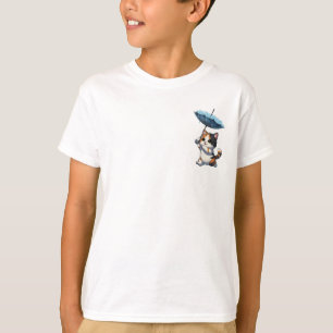Camiseta Adorável Gatinho Calico Segurando Guarda-Chuva Azu