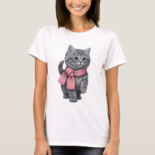 Camiseta Adorável gatinho cinza listrado usando cachecol ro