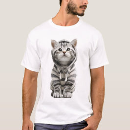 Camiseta Adorável Gatinho Cinza Tabby em Capuz Listrado