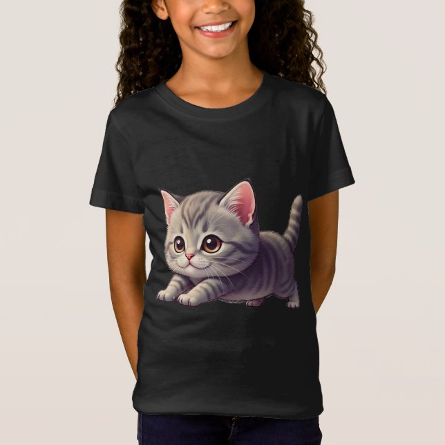 Camiseta Adorável Gatinho Cinza Tabby Saltando Alegremente (Frente)