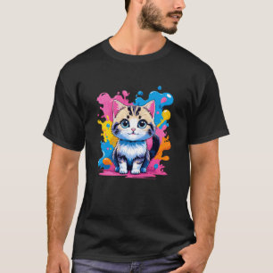 Camiseta Adorável Gatinho Kawaii com Salpicos de Tinta Colo