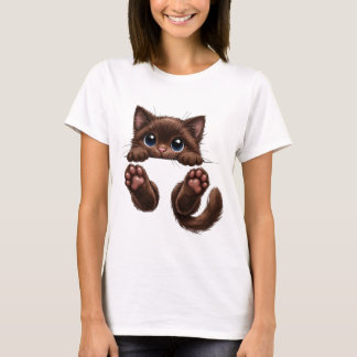 Camiseta Adorável Gatinho Marrom Espiando com Olhos Azuis