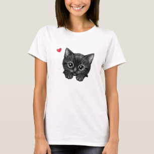 Camiseta Adorável Gatinho Preto Espiando com Coraç