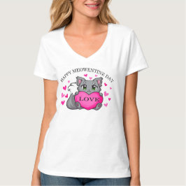 Camiseta Adorável Gato Feliz Namorados V-Nick
