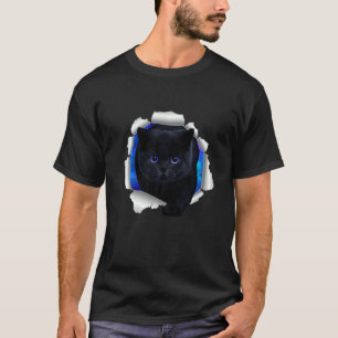 Camiseta Adorável Gato Negro Olhos Azuis Crachados Gato Tor