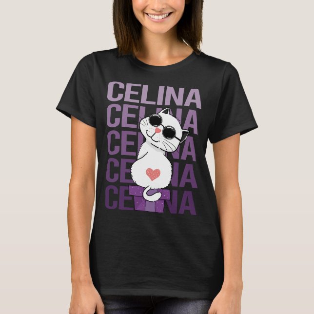 Camiseta Adorável Gato - Nome Celina (Frente)