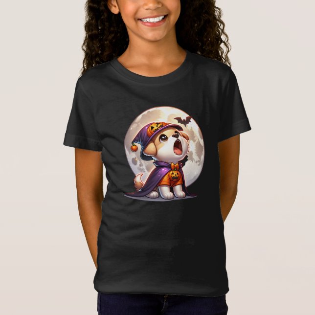 Camiseta Adorável Halloween Pup Debaixo da Lua (Frente)