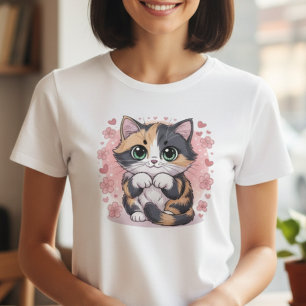 Camiseta Adorável Kawaii de Gatinho Calico para Mu