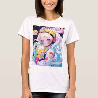 Camiseta Adorável Menina de Animação Kawaii no Espaço
