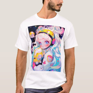 Camiseta Adorável Menina de Animação Kawaii no Espaço
