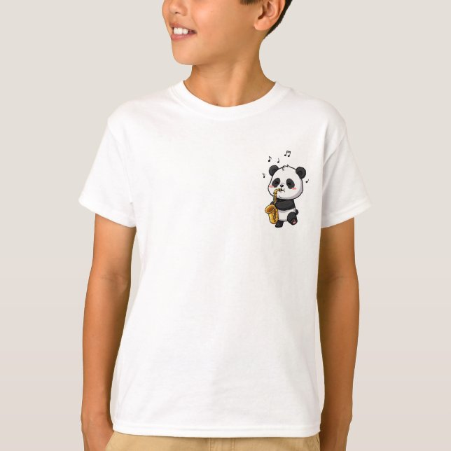 Camiseta Adorável Panda de Desenho Animado Tocando Saxofone (Frente)