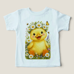 Camiseta Adorável Pato Bebê em Aquarela com Coroa de Flor d