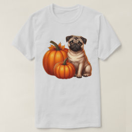 Camiseta Adorável Pug Sentado ao Lado de Abóboras com Folha