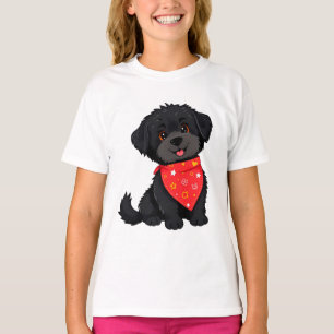 Camiseta Adorável Puppy Preto Vestindo uma Bandana Vermelha