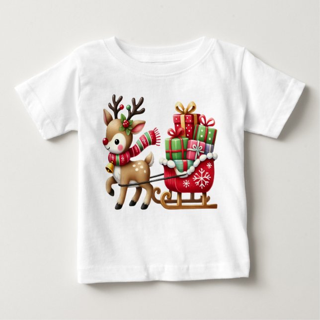 Camiseta Adorável Reindeer e Design de Natal Sleigh (Frente)